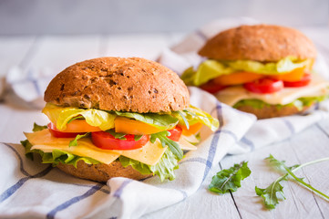 Delicious sandwiches with cheese, lettuce, vegetables and arugola on white background
