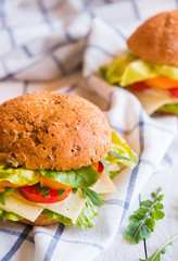 Delicious sandwiches with cheese, lettuce, vegetables and arugola on white background