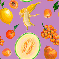 Seamless pattern with bright and fresh fruits. Melon, grape, banana, apricot, lemon, mandarin, pear on a lilac background. Beautiful hand-drawn wallpaper. Organic food. Realistic acrylic drawings.