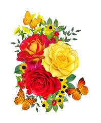 Flower composition. A bouquet of yellow, red, crimson roses, bright little flowers, green leaves, beautiful orange butterflies. Isolated on white background.