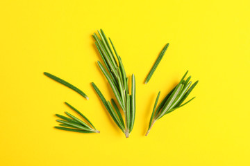 Flat lay composition with rosemary on yellow background, space for text