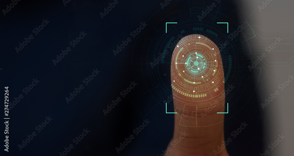 Poster businessmen scan fingerprints to access high-level information through the best security analysis of