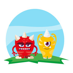funny monsters couple in the field characters colorful