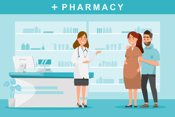 pharmacy with pharmacist and couple client in counter.