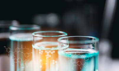 Glass laboratory chemical test tubes with liquid for analytical , medical, pharmaceutical and scientific research concept.