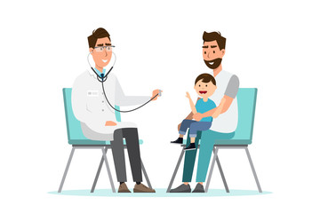 doctor listens to breathing statoscope for kid who sit on his father's lap
