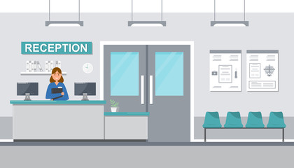 medical staff women in reception hospital on flat style.