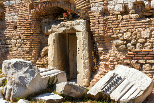 Ancient Roman bathing (thermae)  in  Varna, port city at Black Sea in Bulgaria. Fragments of columns.