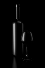 Light and shadow of wine glass and wine bottle in the darkness. 3D rendering.