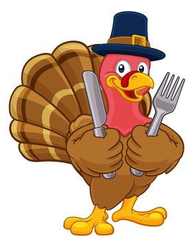 Pilgrim Turkey Thanksgiving bird animal cartoon character. Wearing a Pilgrims hat and holding a knife and fork