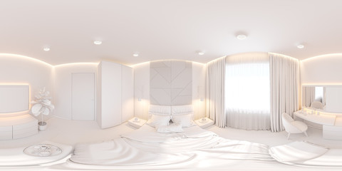 The interior design of the master bedroom in the Scandinavian style. Seamless 360 interior panorama. 3d illustration