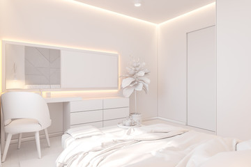 The interior design of the master bedroom in the Scandinavian style. 3d illustration of the interior without texture