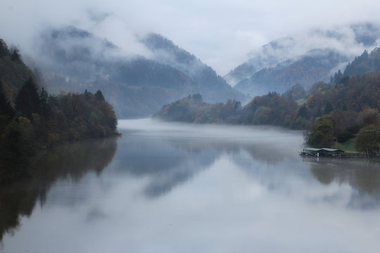 Wood raft float on the lriver with fog over surface and green forest background . Slovenia, Drava river