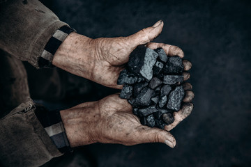 Miner holds coal palm. Concept mining. Top view.