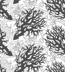 Black and white seamless pattern with rhythmic drawing of sea corals on white background. Sea bottom vector illustration for printing, fabric, textile, manufacturing, wallpapers, wrapping paper.