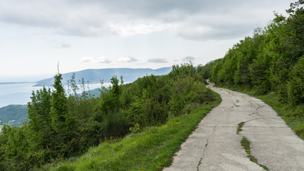break pavement with crack and grass and green forest in a small way. Views from the mountains to Kotor bay, Montenegro. path to a small village