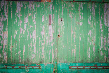 Old flakey and rustic green wooden garage or barn door