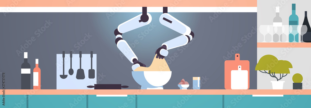Poster smart handy chef robot making dough in bowl robotic assistant innovation technology artificial intel