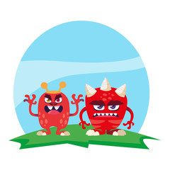 funny monsters couple in the field characters colorful