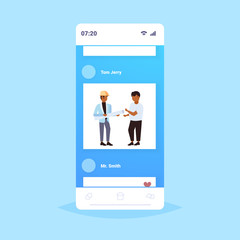 two architects with rolled up blueprints discussing new project mix race engineers team construction industry concept smartphone screen online mobile app full length flat