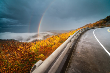 Beautiful morning rainbow in the Foothills Parkway in the Great smoky Mountains National Park.