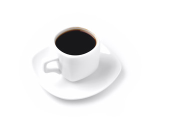white cup of coffee on a white saucer; on a white background, angle view from above