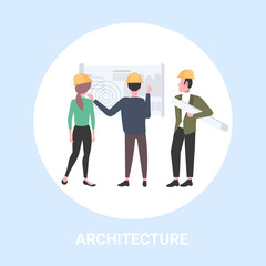architects working with blueprint engineers team discussing new building project during meeting builders in helmet industrial technicians teamwork concept flat full length
