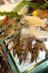 Buffet seafood set up, raw food.