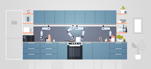 smart handy chef robot preparing food robotic assistant innovation technology artificial intelligence concept modern kitchen interior flat horizontal
