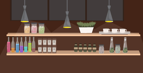 different bottles cups jars various food ingredients drinks and utensils on shelf restaurant pub or cafe decoration flat horizontal