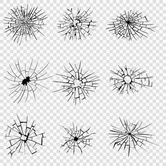 Obraz premium Broken glass, cracks, bullet marks on glass. High resolution. Vector illustration. Texture glass with black hole on white background