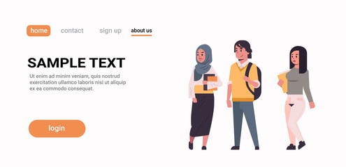 young teenage students group holding books mix race girls and guy with backpacks standing together education concept flat female male cartoon characters horizontal full length copy space