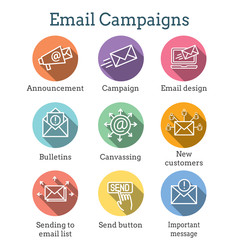 Email marketing campaigns icon set with email list, announcement, send button