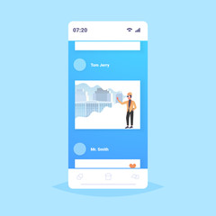 man architect in helmet wearing digital glasses virtual reality 3d building city model vr modeling headset vision concept smartphone screen mobile application full length flat