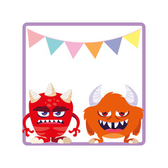 square frame with funny monsters and garlands hanging