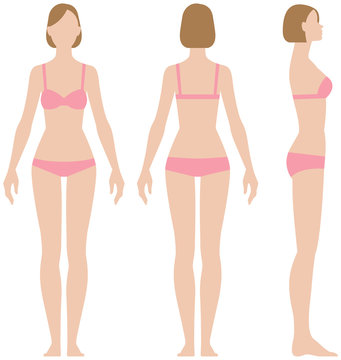 Woman in underwear in three projections front view side and back vector illustration