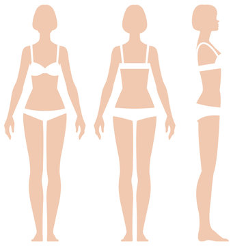 Woman in full length in three projections front view side and back vector illustration