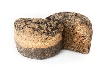 Freshly baked rye bread isolated on white background. Sliced loaf in close-up (high details).