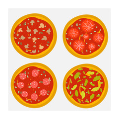 Cute hand drawn doodle pizza set including pizza with cheese, vegetables, mushrooms, tomatoes, salami. Illustration for pizzeria