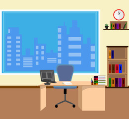 Office interior in flat style. Modern business workspace with office furniture: chair, desk, computer, bookcase, clock on the wall and window