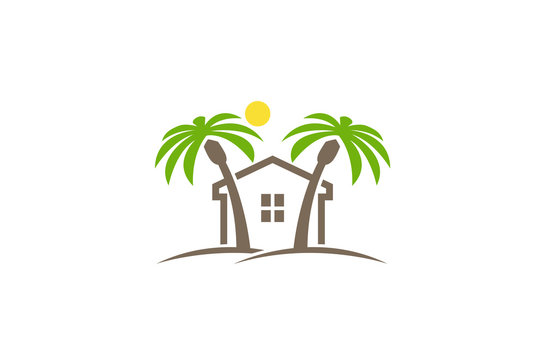 Creative House Palm Sun Logo Design Vector Symbol Illustration