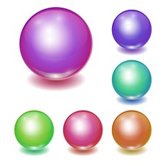 Set of vector realistic multicolor balsl, shine spheres with patch of light on white background. 3D illustration.