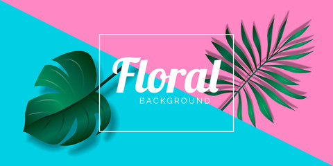 creative banner flyer design with tropical leaves on duo tone pink cyan diagonal  background minimal style