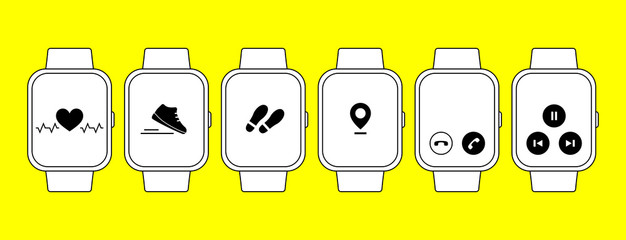 Smart watch and fitness tracker set. Outline vector icons.
