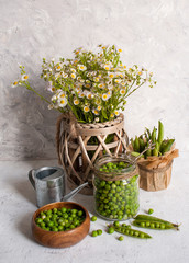 Beautiful summer still life with green peas and wildflowers on a light background.