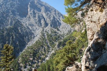 Crete, Samaria Gorge, very beautiful view of the mountains and small trees, stones, sand and hot sun