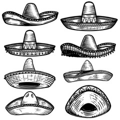 Set of Mexican sombrero in tattoo style isolated on white background. Design element for poster, t shit, card, emblem, sign, badge. - obrazy, fototapety, plakaty