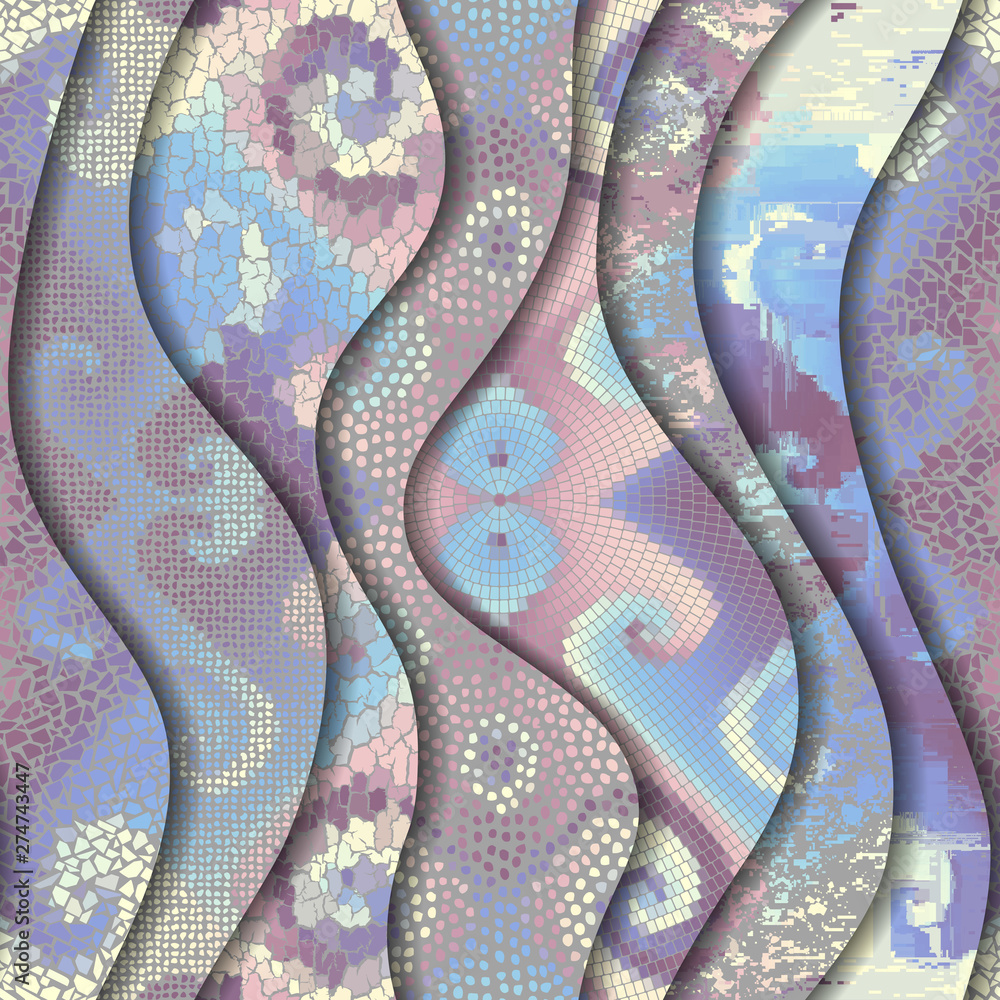 Poster carved waves of ornamental mosaic tile patterns. different mosaic textures. vector image.