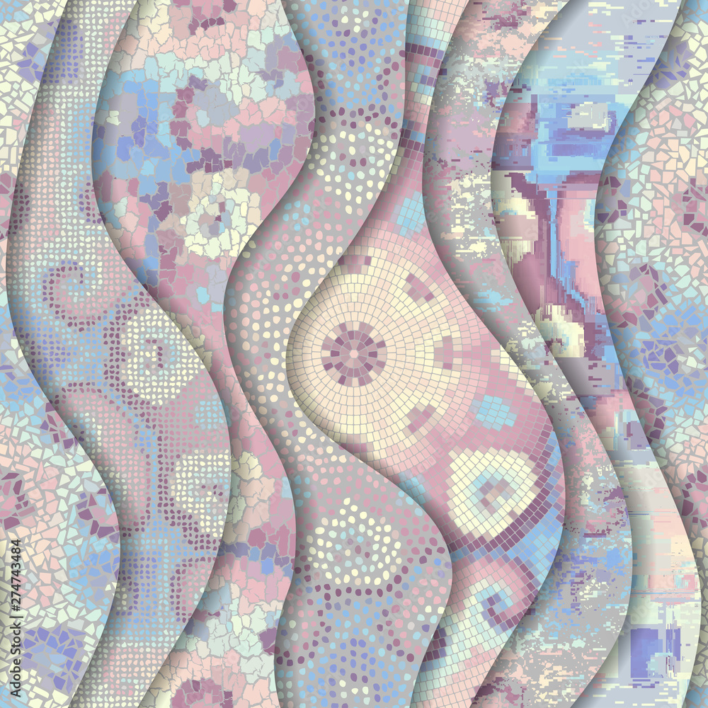 Poster carved waves of ornamental mosaic tile patterns. different mosaic textures. vector image.