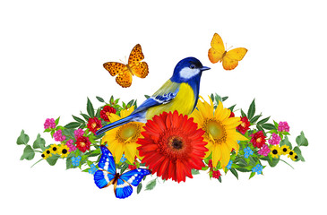 Tit bird sits on a branch of bright red gerberas flowers, yellow roses, green leaves, beautiful butterflies. Isolated on white background. Flower composition.